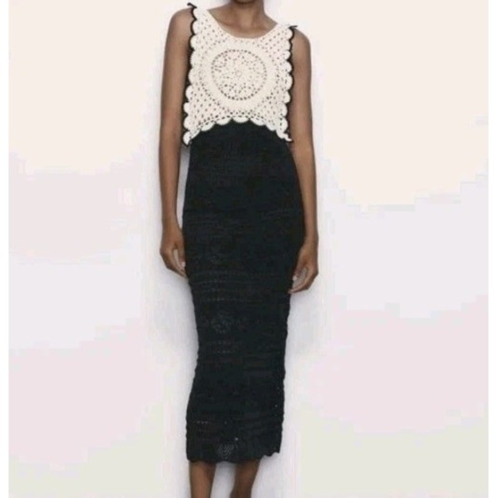 Zara Crochet Knit Open Back Dress Black/Ivory Size S NWT